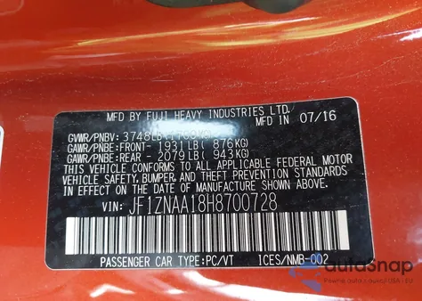 2017 Toyota 86 z USA, uszkodzony, nr VIN JF1ZNAA18H8700728